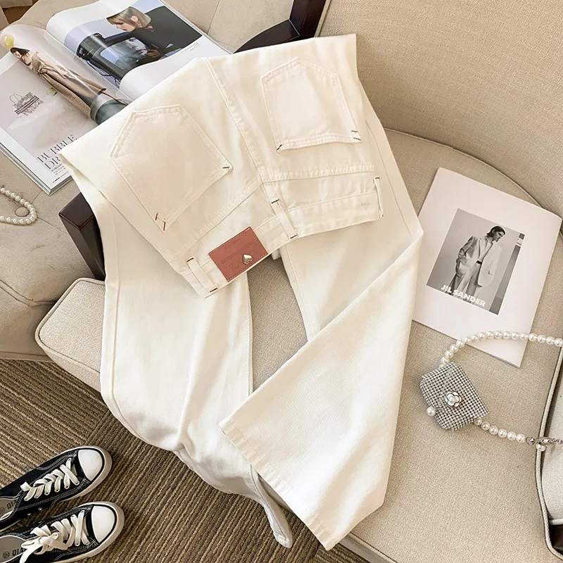 

2022 New Arrival Summer Korean Style Women All-matched Cotton Denim Full Length Pants Elastic Waist Straight Casual Jeans V666