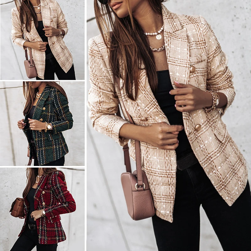 2022 Women Spring-Autumn Vintage Tweed Suits Jackets Office Ladies Chic Slim Plaid Blazers Girls Coat Tops