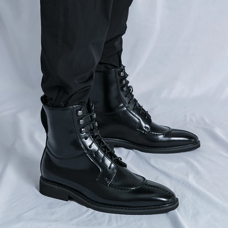 New Fashion Lace-up Motorcycle Boots Men's Leather Boots Luxury British Style Men Dress Martin Winter Black Business