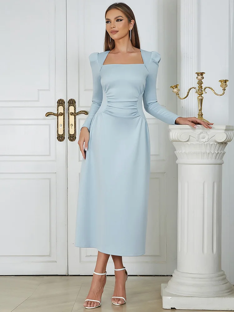 

Elegant Light Blue Long Sleeve Square Collar Women Maxi Dresses Sexy A Line Ruched Slim Fashion Casual Runway Club Party Dress