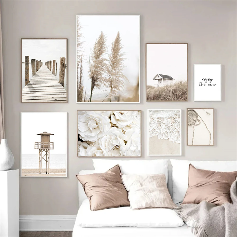 

Beige Landscape Hut Hay Reed Wall Poster Beach Bridge Canvas Painting Flower Art Prints Nordic Wall Pictures Living Room Decor
