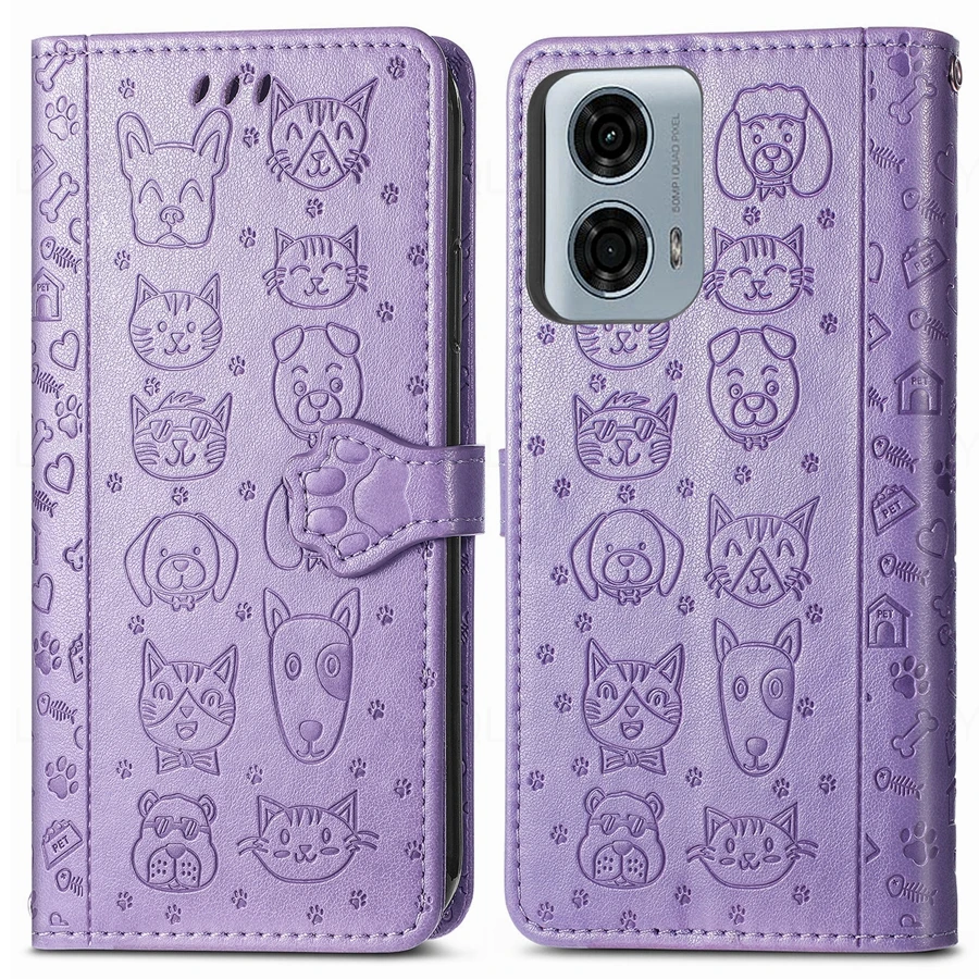 Leather Wallet Flip Case with Cat and Dog Design