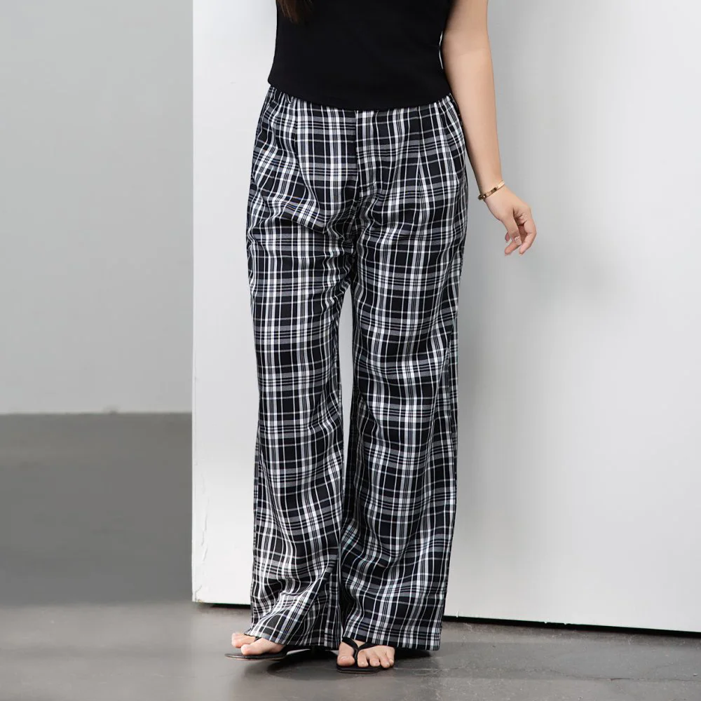 Premium Plaid High Waisted Loose Straight Leg Long Pants Plus Size Women Casual Preppy Style CHIC RETRO Trousers 8444