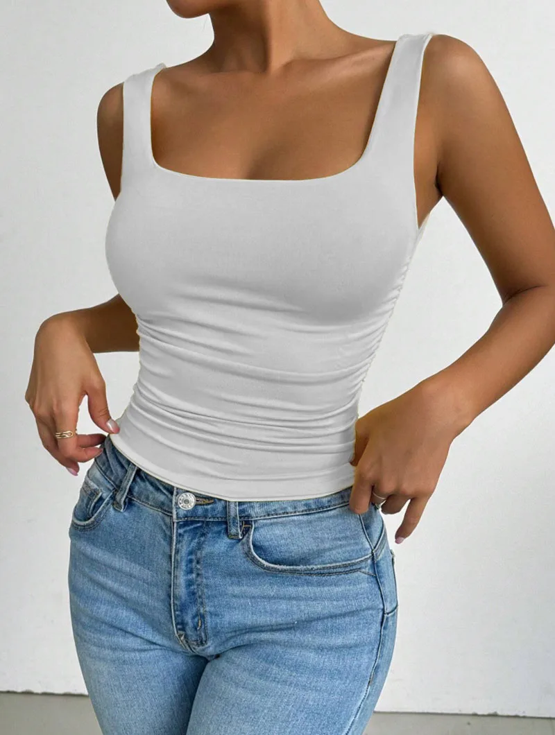 Damen Schwarz-Weißes Casual Basic Ärmelloses T-Shirt, Elegantes Schulterfreies Crop Top mit Quadratischem Ausschnitt, Sexy Figurbetontes Rückenfreies Tanktop – Detail 3