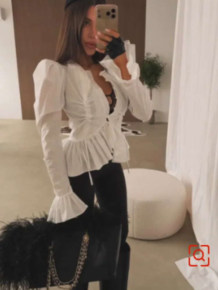 Haut plissé uni à manches lanternes pour femme, décontracté, avec volants, ourlet asymétrique, boutonnage simple, cordon de serrage, coupe courte, pour usage quotidien 1 Haut plissé uni à manches lanternes pour femme, décontracté, avec volants, ourlet asymétrique, boutonnage simple, cordon de serrage, coupe courte, pour usage quotidien 1