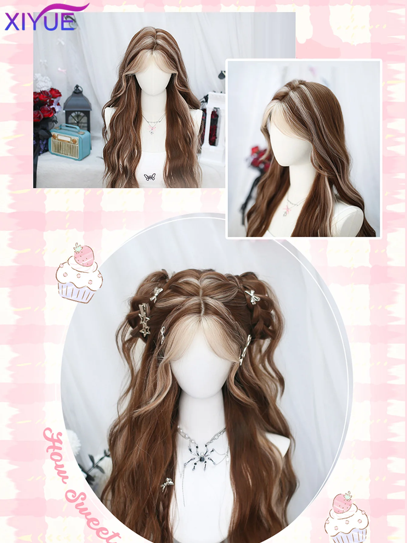 XIYUE Brown Blonde Long Wavy Synthetic Wigs Middle Part Natural Wig Heat Resistant Cosplay Party Daily Hair Wig for Women