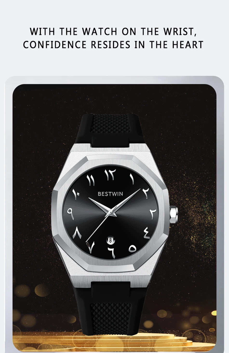 BESTWIN Fashion Luxury Arabic Men's Quartz Watch Business Casual Silicone Strap Mens Wristwatch Family Friends Birthday Gifts