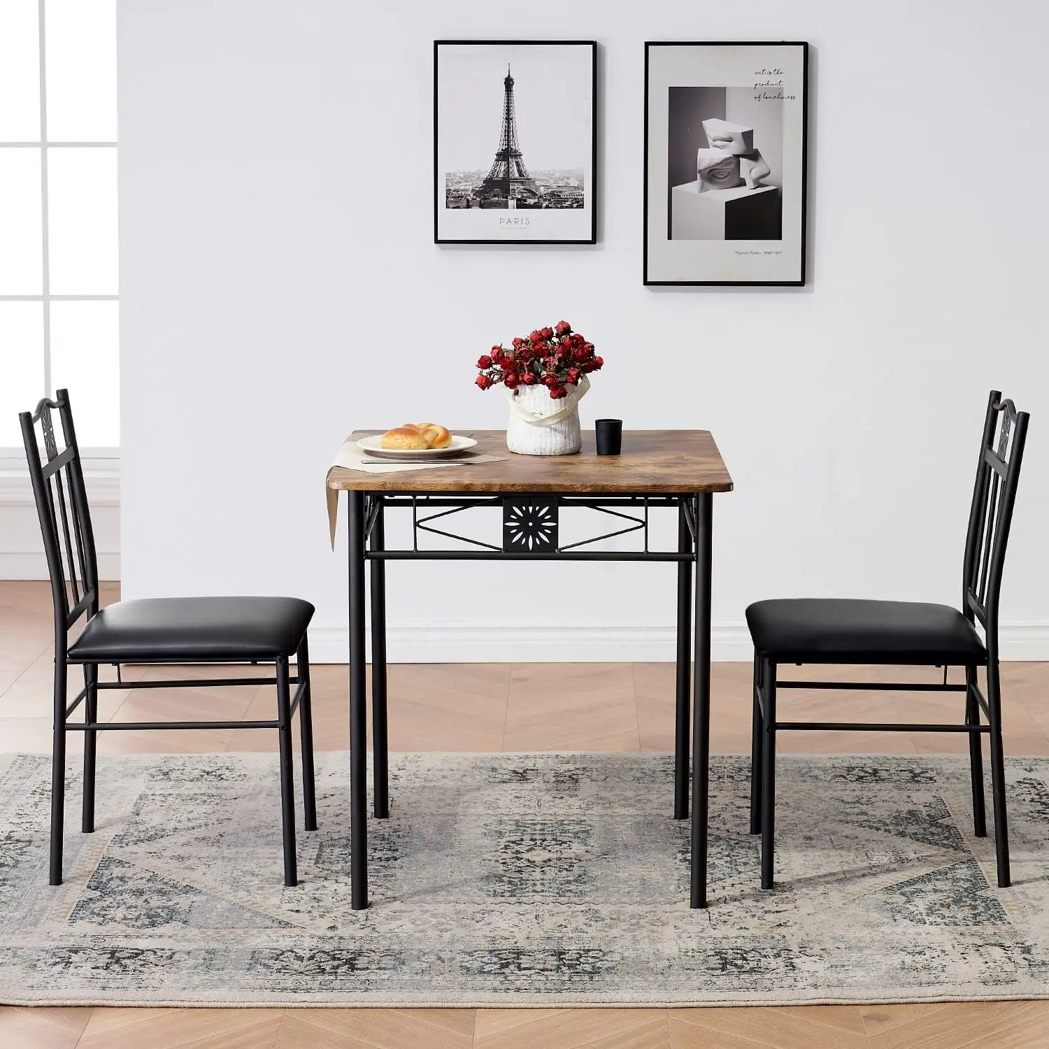 3-Piece Kitchen Dining Room Table Set for Small Spaces, PU Padded Chairs, Retro Brown