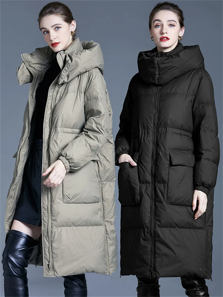 

2023 Winter New Down Coat Women Light Green Thick Warmth Hooded White Duck Down Jacket