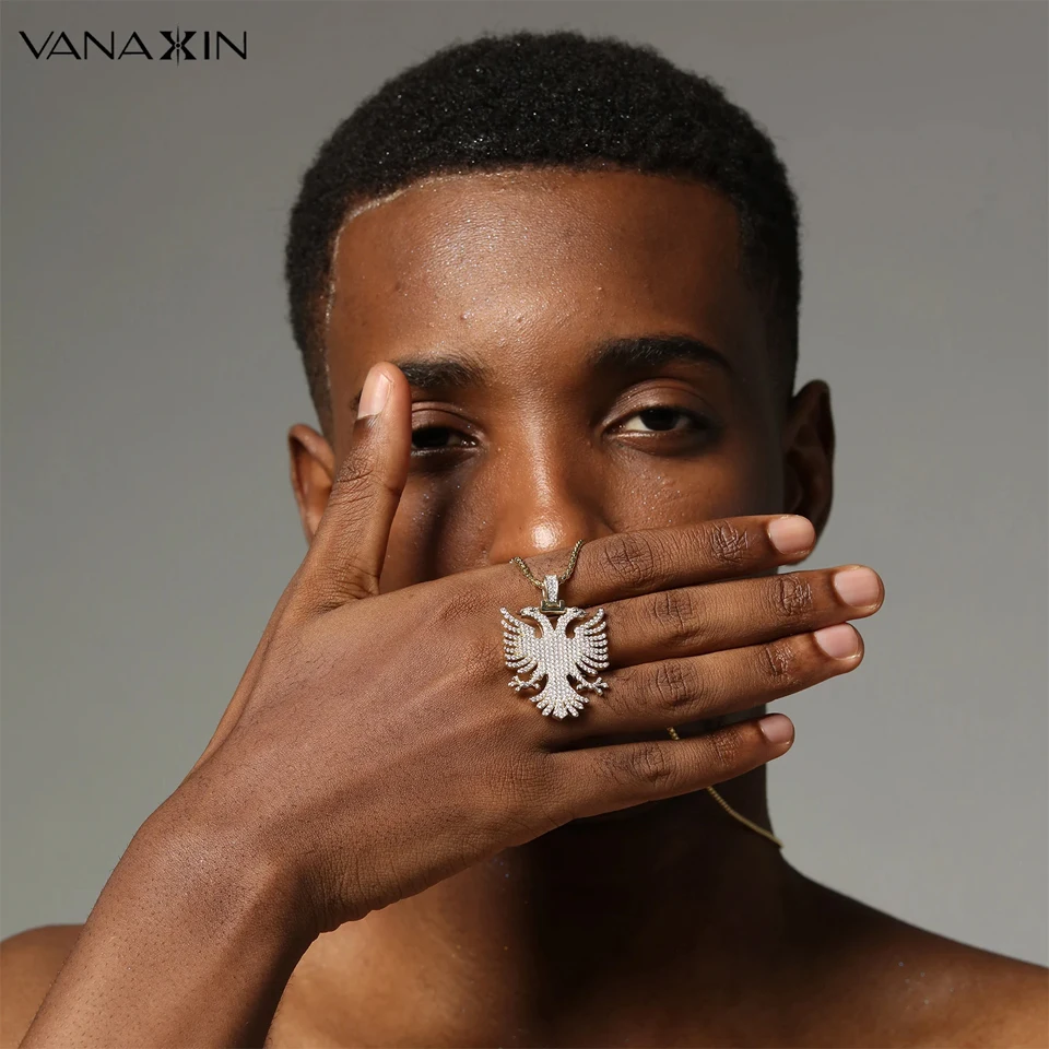 VANAXIN Iced Out Albanian Eagle Pendant  Hip Hop Necklace for Men 14k Gold Color CZ Zircon Folk  National Style Jewelry Gift 6