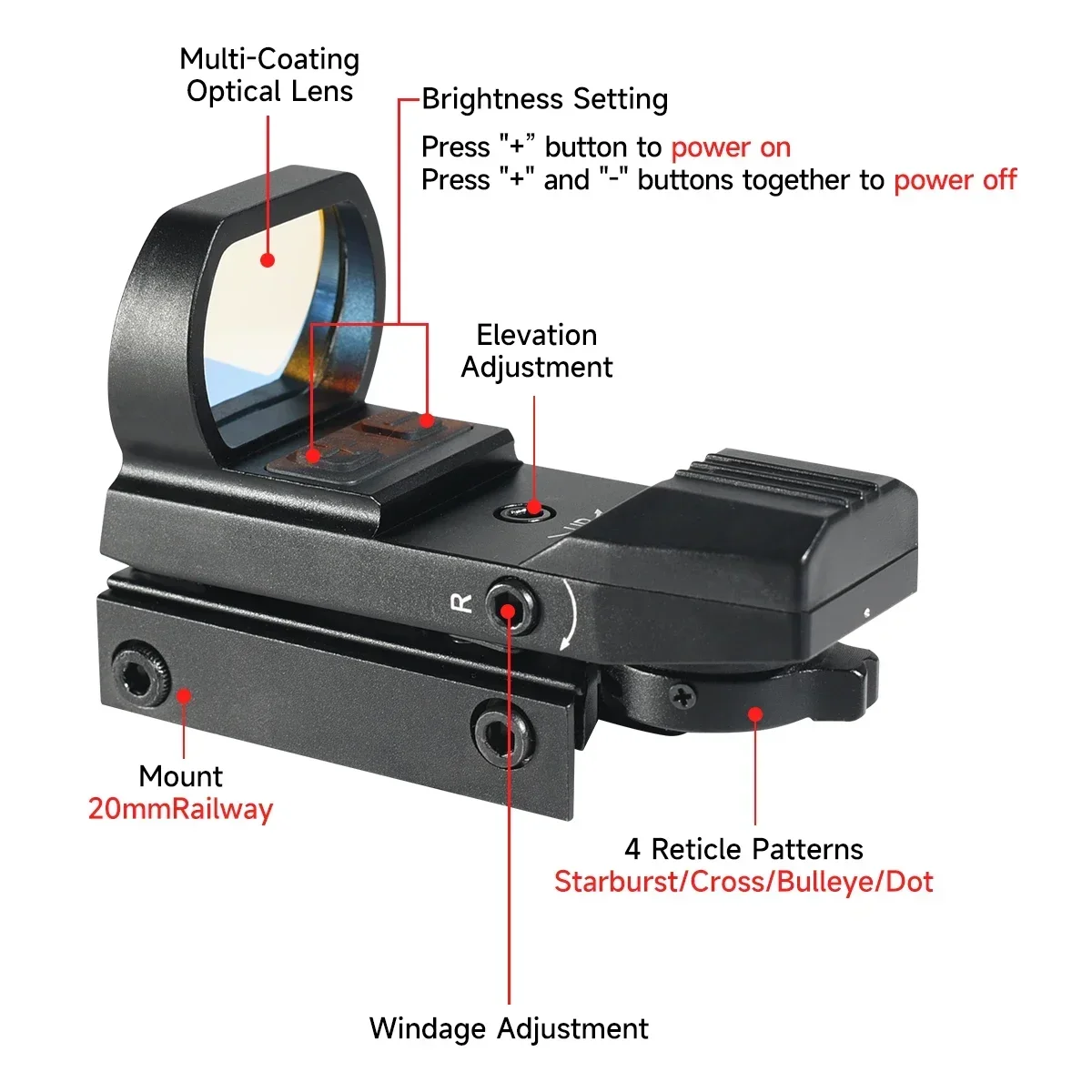 Tactical Red Dot Sight Collimator 4 Reticle Airsoft Reflex Sight Hunting Rifle Scope HD101R Type-C USB Rechargeable