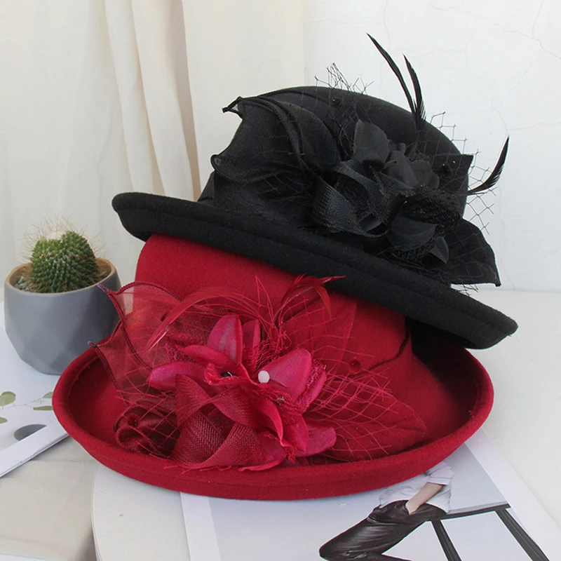 2022 New Wool Felt Bucket Hat Women Fashion Elegant Flower Fedora Hat Vintage Warm Party Wedding Church Hat Chapeus