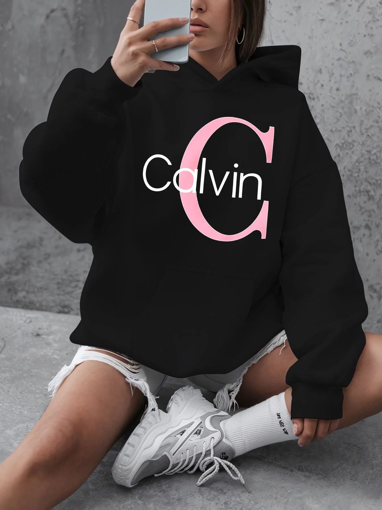 Calvin Graphic Hoodie Women's Plus Size "Calvin" Graphic Hoodie - Casual Long Sleeve Pullover with Pockets y2k clothes
