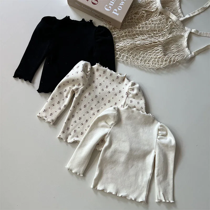 Cotton Baby Long Sleeve Bottoming Shirts Solid Girls Puff Sleeve Floral Tops Autumn Winter New Infant Thick Warm T Shirts