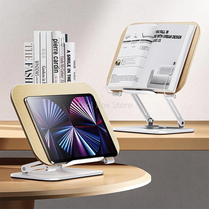 Wood Reading Stand Adjustable Desktop Bookshelf with 360 Rotating Base Foldable Laptop Stand Small Table with Book Holder