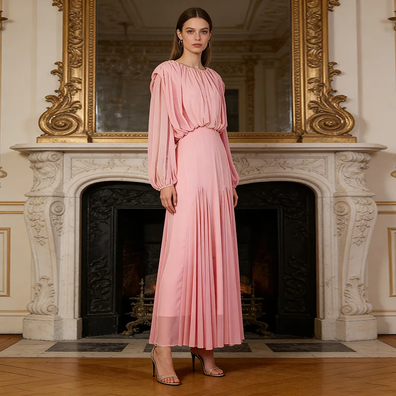 2026 Neues Modisches Lässiges Rundhals-Langarmkleid mit Loser Passform und Plissee in Einfarbigem Design für Damen