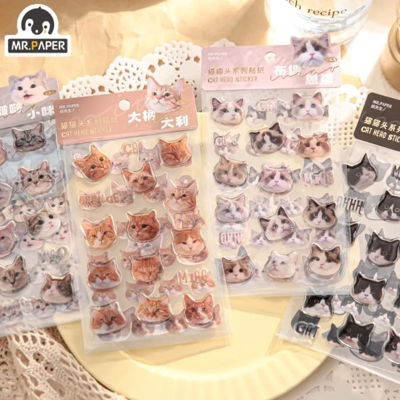 

Mr. Paper 4 Style Kawaii Cat Head Sticker Pack Multiple Materials Goo Card DIY Handbook Decoration Stickers Stationery