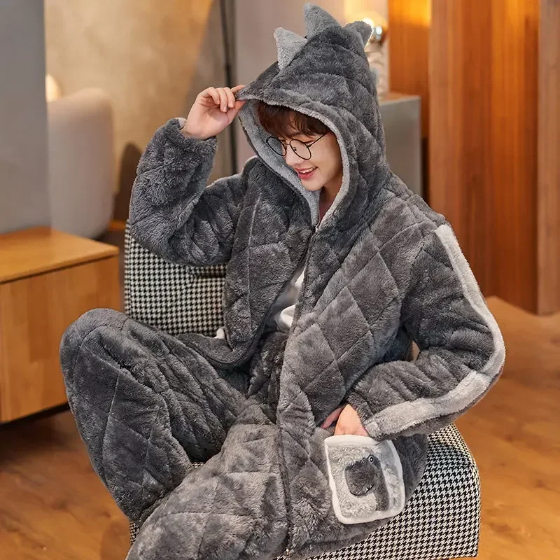 Pajamas Men Homewear Suit Winter Coral Fleece Home Sleep Clothes Thickened Three Layers Cotton Male Teen Hooded Loungewear Set