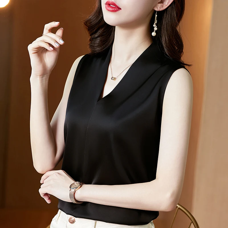 Casual Solid Color Sleeveless Shirts 2025 Summer Satin Blouse Women Tops V Neck Women Clothing Casual Ladies Shirts 13381