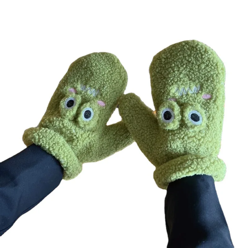 2022 Women Fashion Cute Frog Knit Twist Flowers Mittens Winter Female Velvet Thickening Warm Full Finger Gloves Guantes