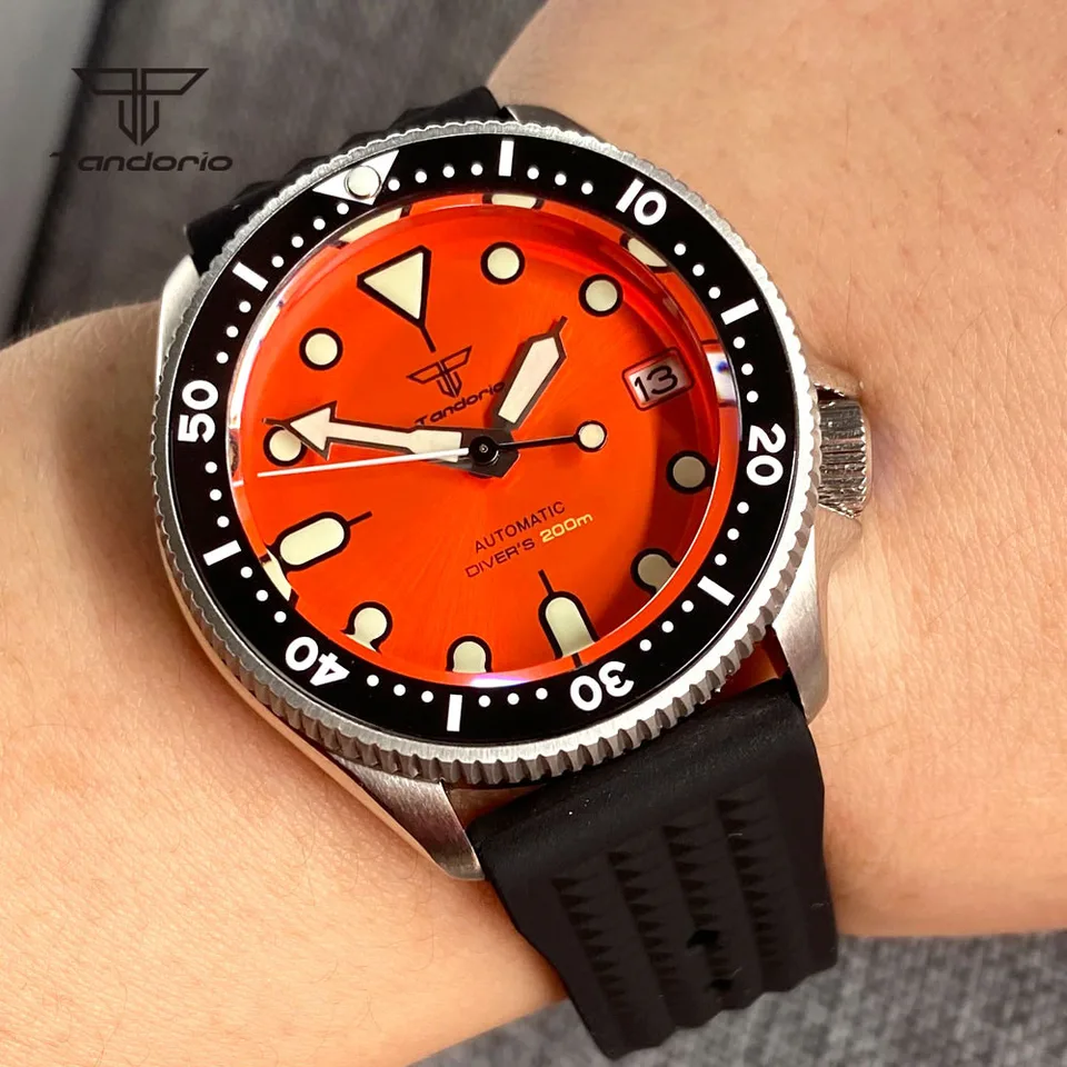 Tandorio-男性と女性のための自動巻き腕時計,発光オレンジダイヤル