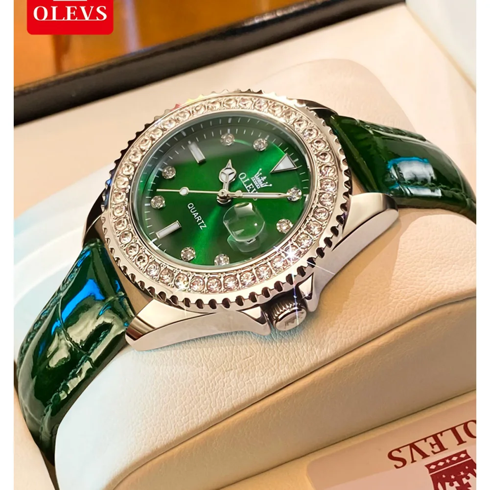 OLEVS Brand New Fashion Green Quartz Watch for Women Leather Waterproof Calendar Luxury Diamond Watches Womens Relogio Feminino