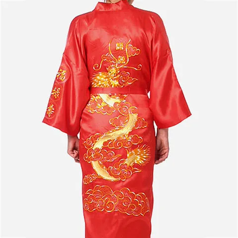 Oversized Size 3XL Chinese Women Silky Robe Nightgown Traditional Embroidery Dragon Kimono Bath Gown Sexy Sleepwear