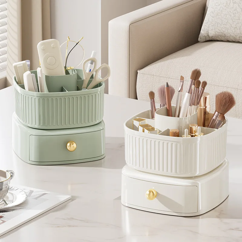 

Rotating Makeup Brushes Lipsticks Holder with Divider and Drawer Plastic Desktop Organizer Hair Accessories Jewelry Storage Box