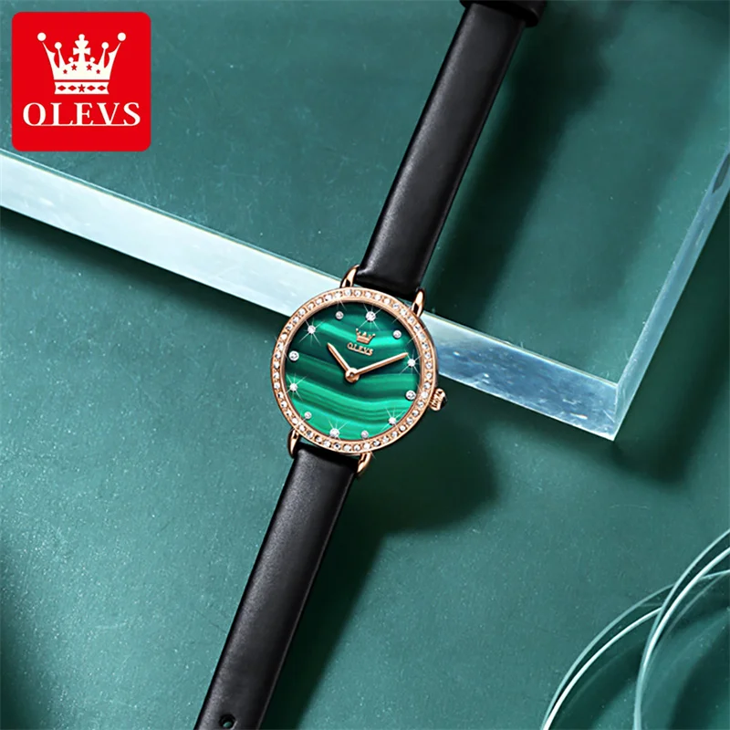 OLEVS Brand Fashion Green Small Dial Quartz Watches Women Luxury Diamond Leather Strap Waterproof Ladies Watch Relogio Feminino