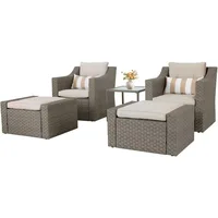 5 Piece Patio Conversation Set Outdoor Furniture Set, Grey Wicker Lounge Chair with Ottoman Footrest, W/Coffee Table & Cushions 1