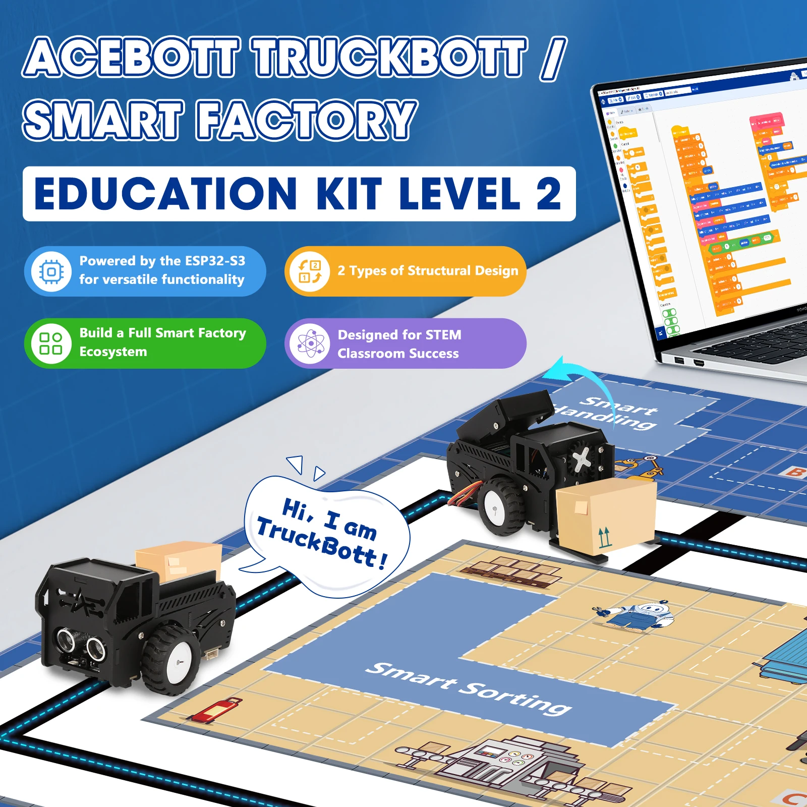 Robot Tank Voiture RC 2-en-1 Chariot Élévateur Camion Benne STEM Codage ESP32