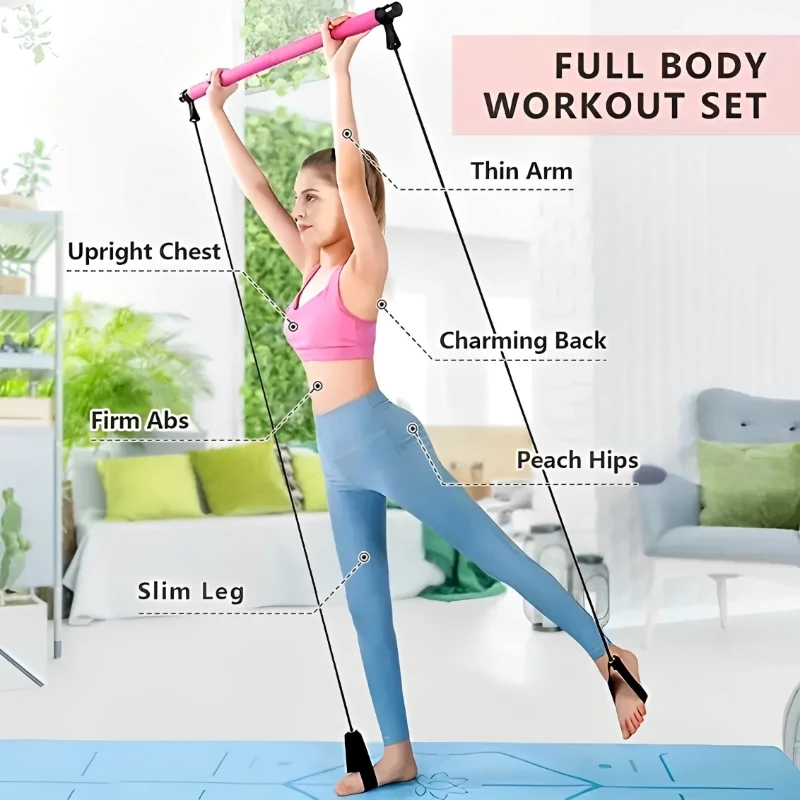 Portable Yoga Pilates Bar Stick With Resistance Band Home Gym Muscle Toning Fitness Stretching Sports Body Workout Exercise pilates fitness bar