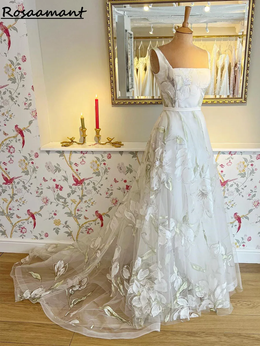 

Print Flower Wedding Dresses Sweetheart Bridal Gowns For Bride Robe De Mariée Beach Sweep Train For Women