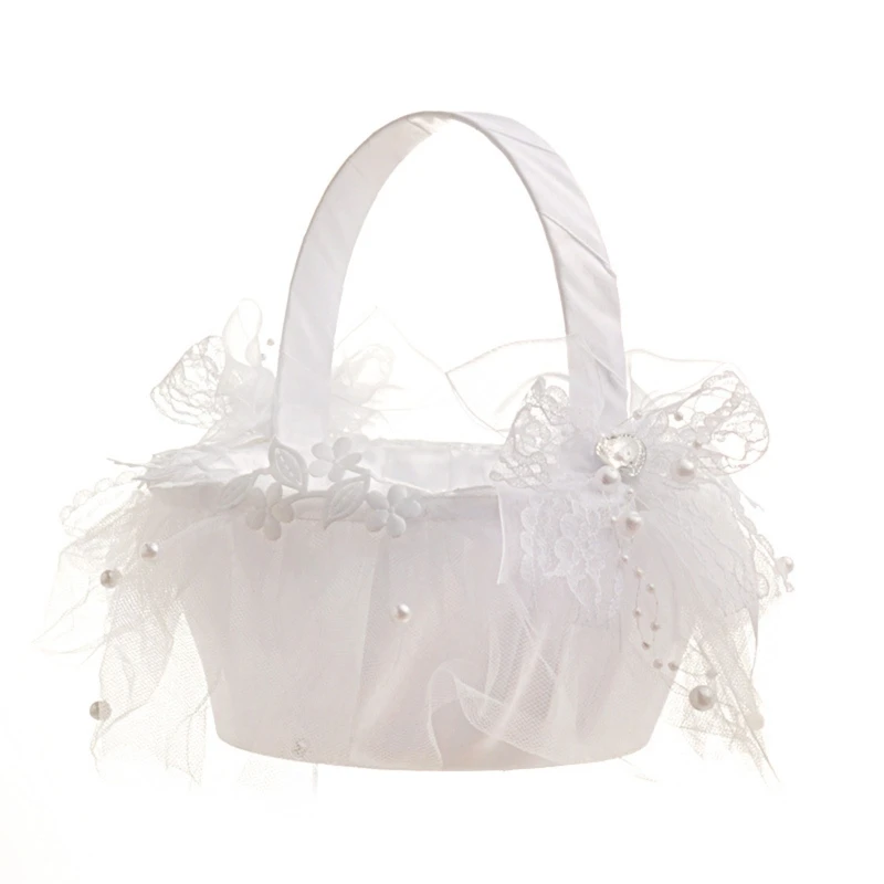 Wedding Supplies White Lace Flower Basket Silk Cloth Clusters of Pearls Throwing Petal Flower Basket Girl Flower Basket