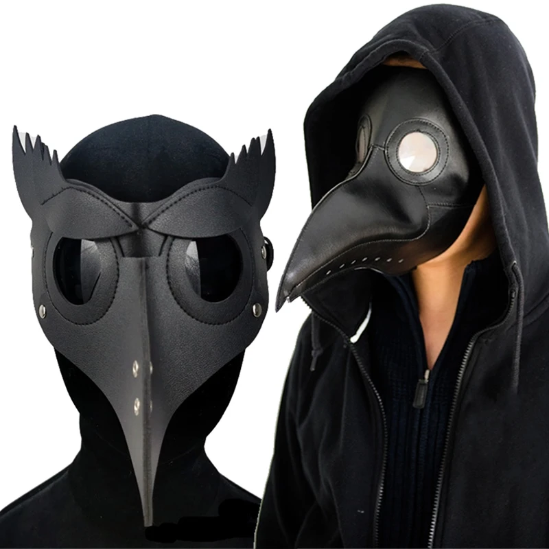 Plague Doctor Black Death Mask Leather Halloween Steampunk PU Carnival Cosplay Adult De Peste Mask Grim Reaper Costume Prop