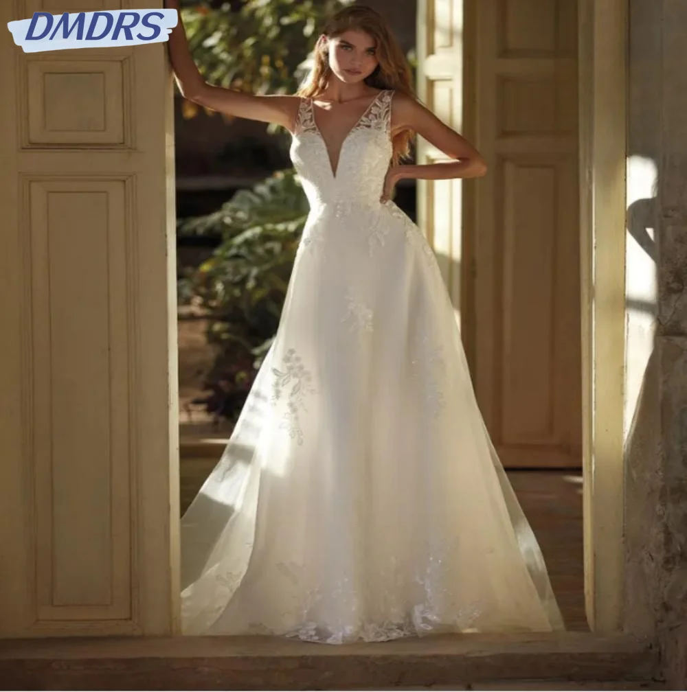 

Sexy Deep V-neck Backless Bridal Gown Simple White A-line Floor-length Wedding Dress Elegant Appliques Bride Robe Robe De Mariée