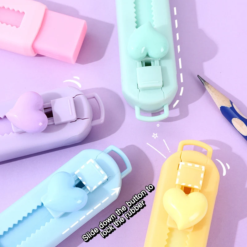 휴대용 단색 하트 고무 개폐식 푸시 풀 지우개, 학생용 문구류, 학교 용품 액세서리