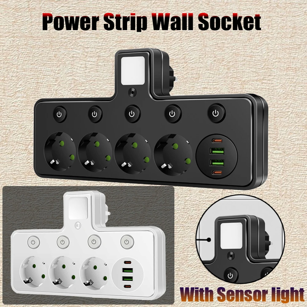 Smart Power Strip with USB-C, Night Light, and Independent Switches (EU Plug)