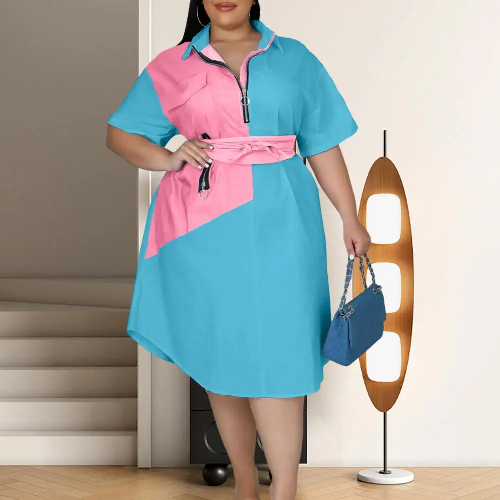 

L-4XL Shirt Dress Lapel Zipper Neckline Women Dress Flap Pockets Belt Plus Size Loose Fit Midi Dress Streetwear vestido feminino