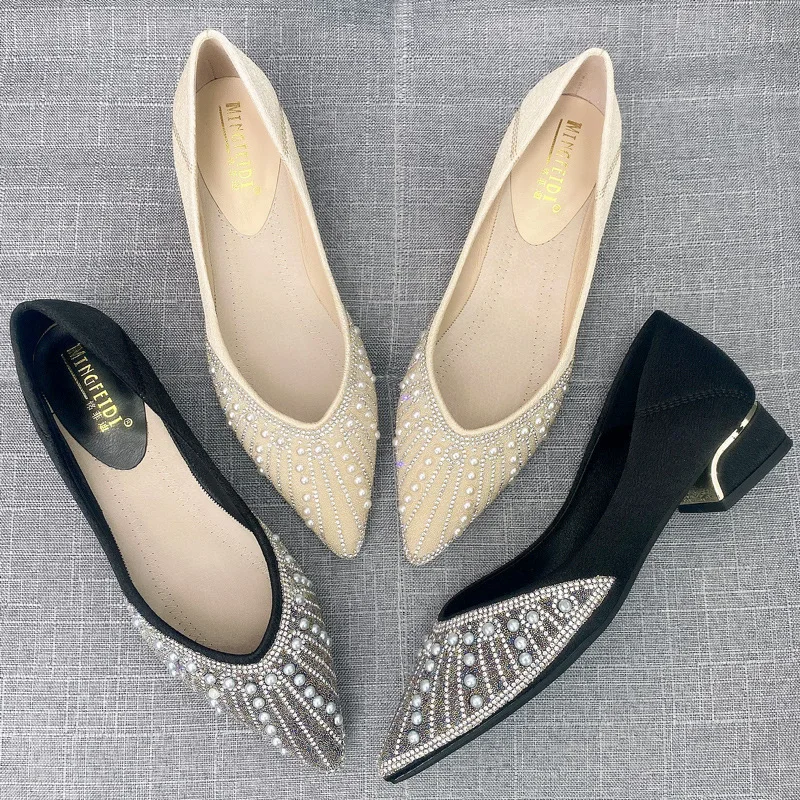 Pearl Decorateion Korean Shoes Soft Shallow Mouth Large Size Women Casual Female Sneakers Pointed Toe Low Heels Crystal Flats Be