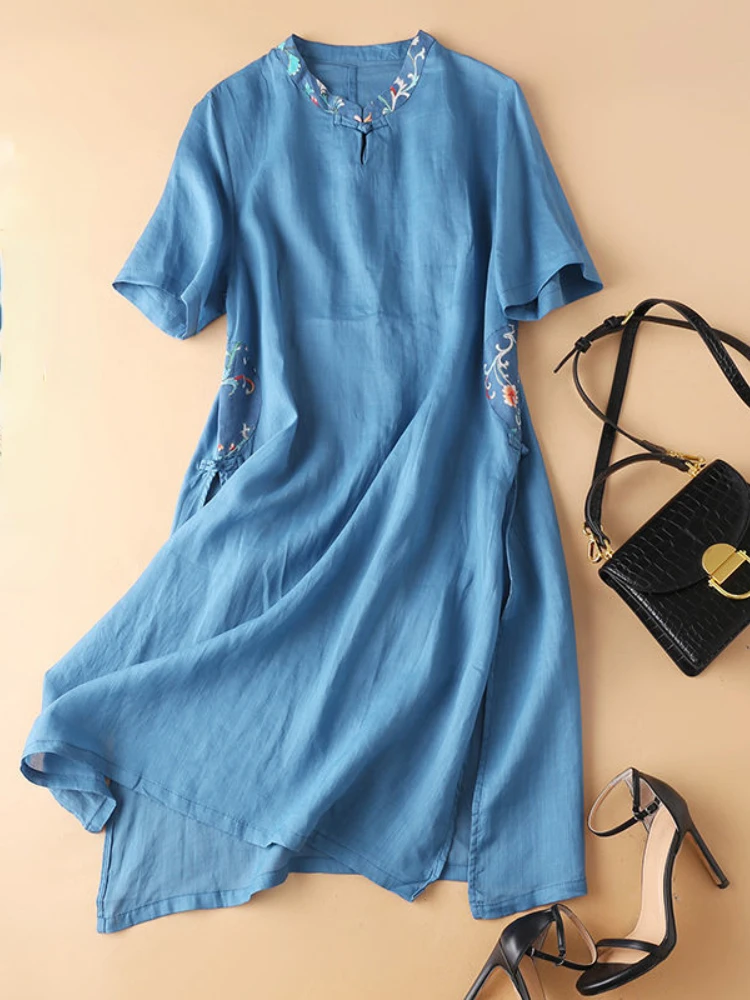 

2022 Summer New Fashion Loose Printing Plate Improved Cheongsam Oversized Women's Mid-length Short-sleeved DressElegant