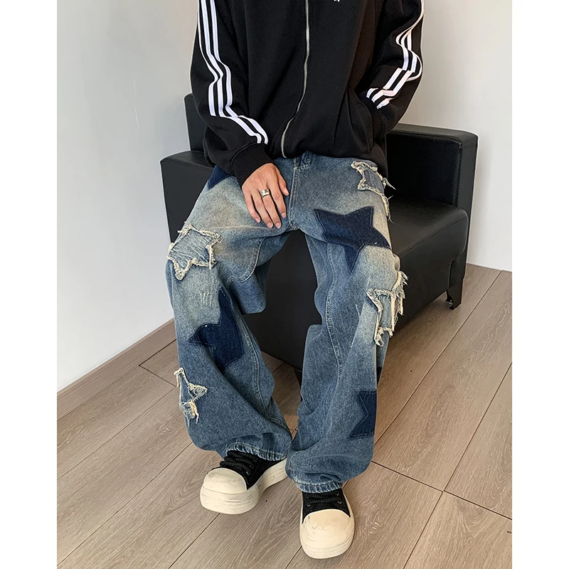 Jeans Men Straight Star Embroidery Patchwork Autumn jeans