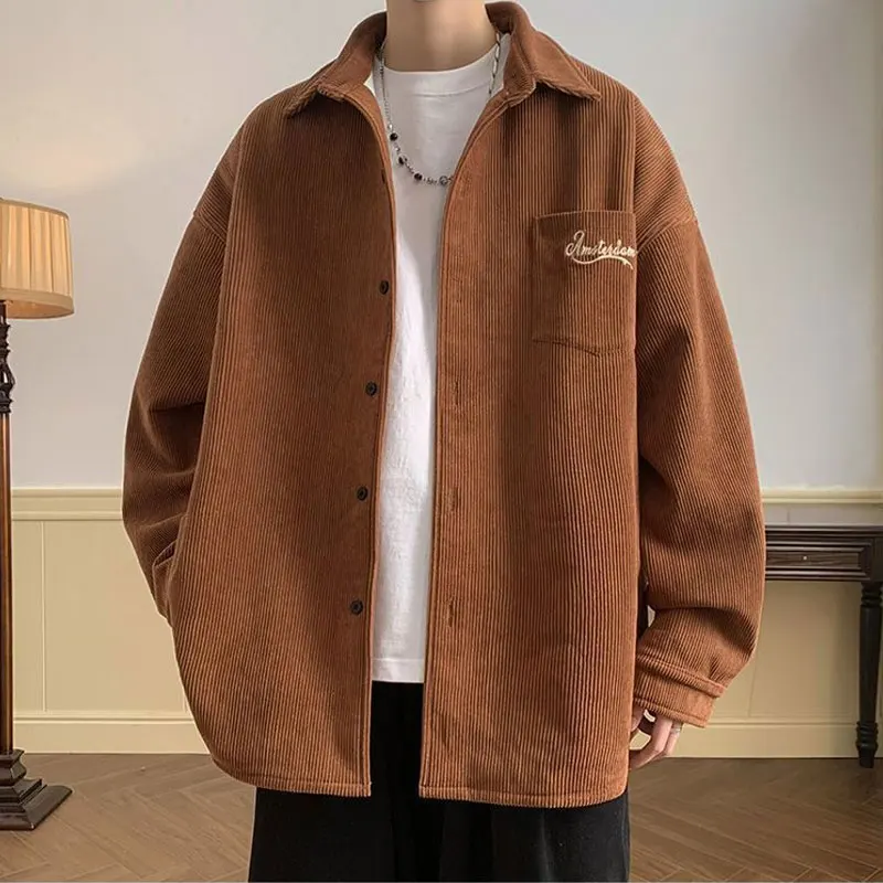 Vintage Corduroy Loose Men's Casual Polo Shirt - Autumn Winter Fashion with Letter Embroidery