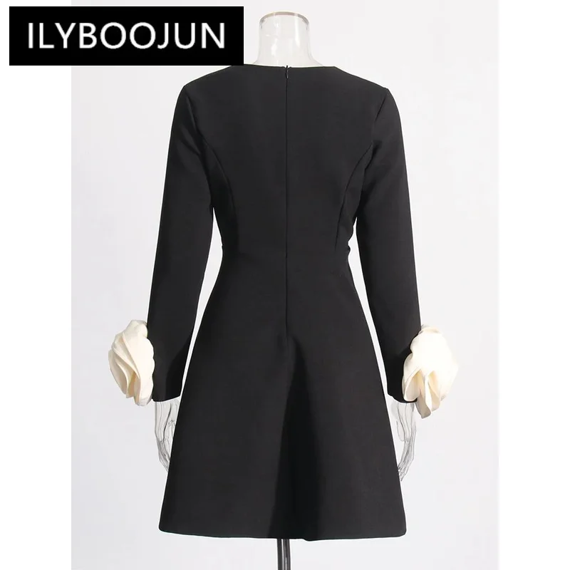 

ILYBOOJUN Colorblock Casual Patchwork Appliques Dress For Women Round Neck Long Sleeve High Waist Minimalist Dresses Female