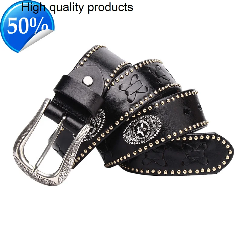 

3.8CM New Cowboy Belt High Quality Genuine Leather Braided Men Rivets Cowhide Celt Knight Personality Male Punk Belts