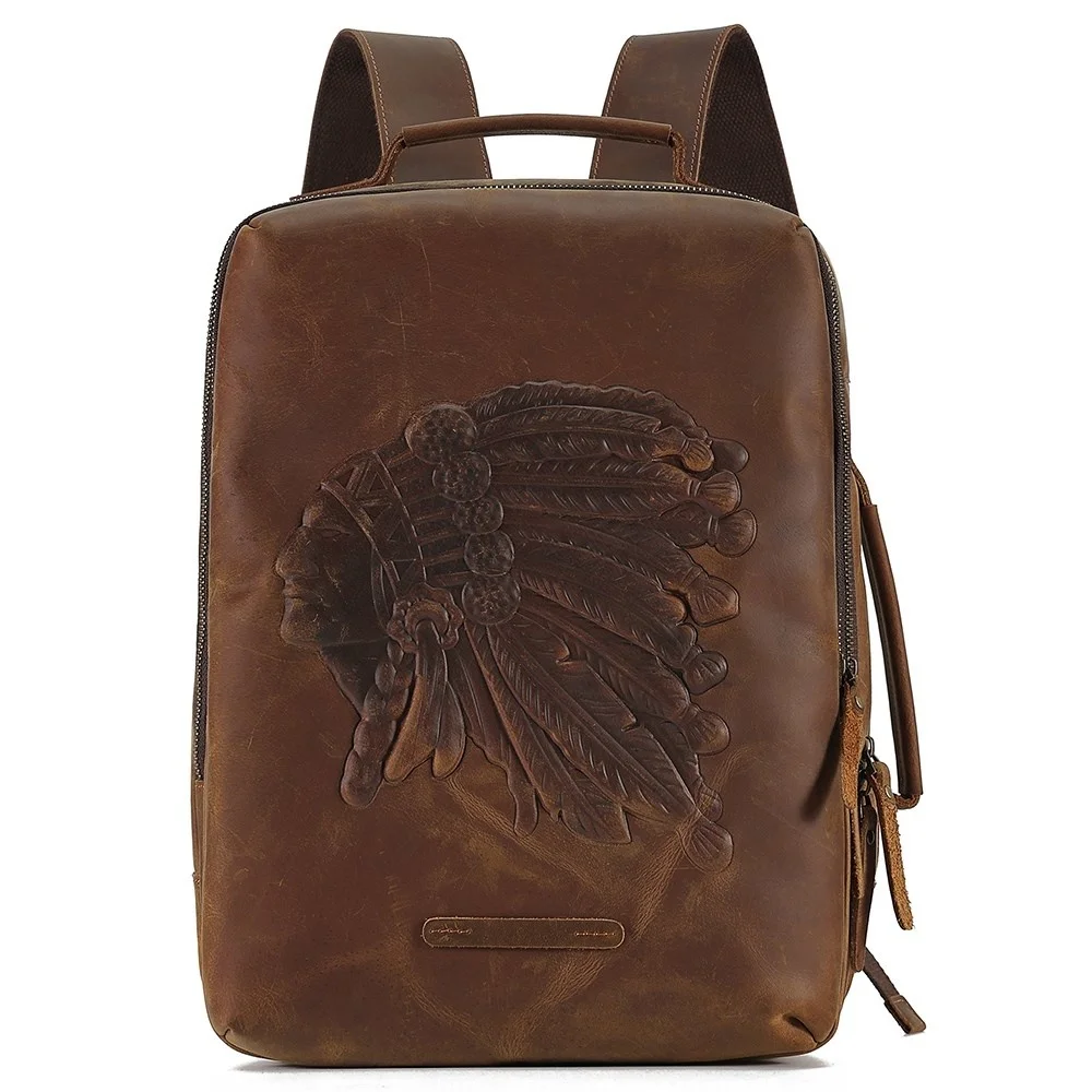

Men's Genuine Leather Backpack for 14" Laptop Rucksack Crazy Horse Men Schoolbag Retro Embossing Travel