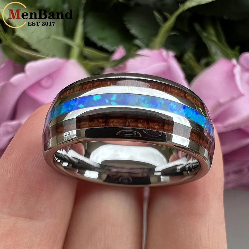 MenBand Fashion 8MM Men Women Tungsten Carbide Wedding Ring Opal And Koa Wood Inlay Dome Polishing Comfort Fit