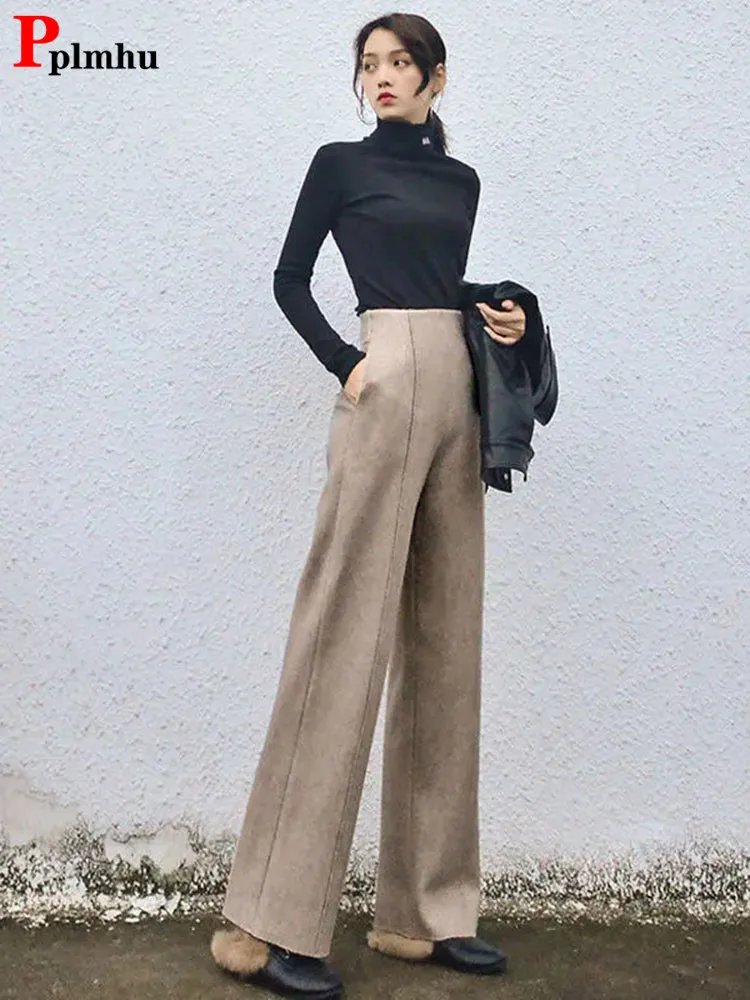 パンツ 24SS LONG WIDE TROUSERS 2/90 wool Gray Suspender Wool Pants Women, Autumn Winter Straight-leg