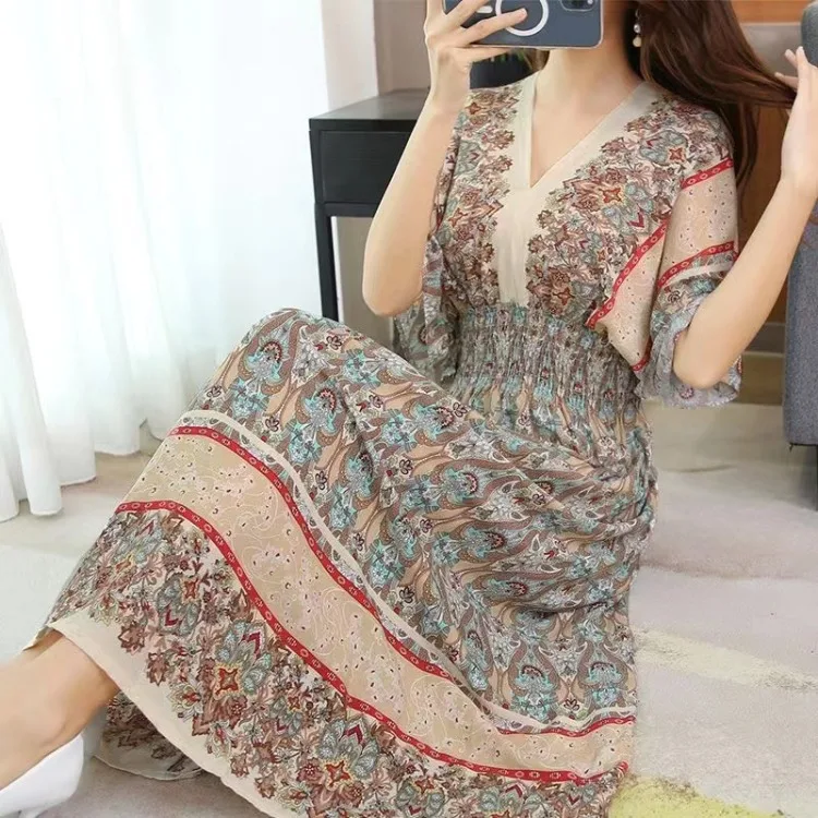 Women Dress Summer 2024 Maxi Long Print Indian Bohemian Clothing New in Dresses Vintage Korean Style Fashion Robe Ropa De Mujer