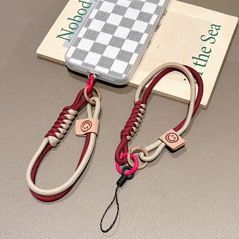 Short Phone Lanyard British Style Contrasting Color Weaving Fashionable Smiling Face Wrist Strap for Phone Cases
